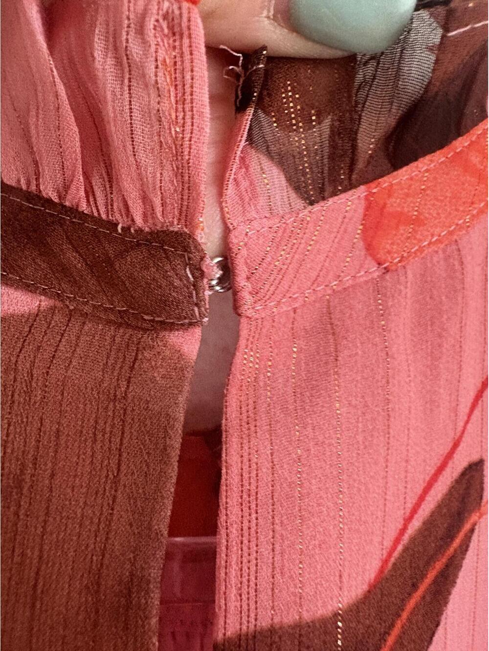Express | Beautiful Silky Pink Red Brown Floral Gold Ruffle Cap Sleeve Blouse XL - Picture 7 of 9